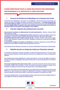 Covid-19 Garde des enfants des personnels indispensables à la gestion de la crise