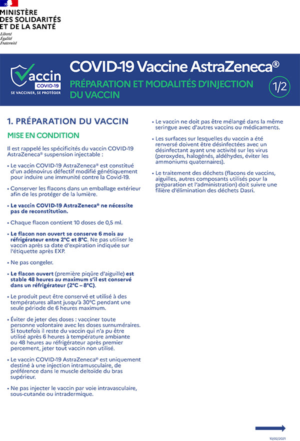 AstraZeneca Préparation et modalités d'injection du vaccin