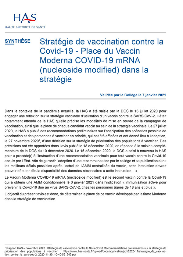 Place du Vaccin Moderna COVID-19 mRNA dans la stratégie