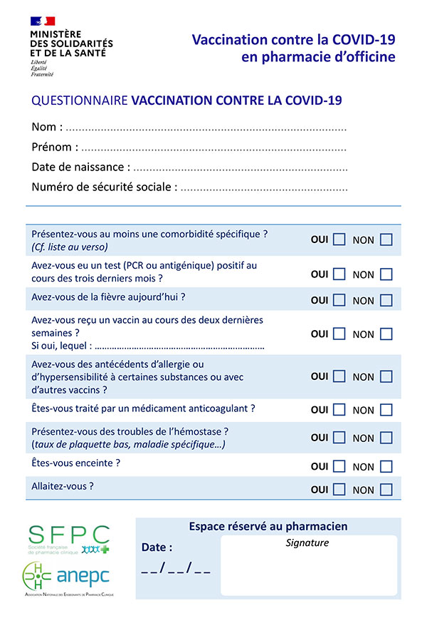 Questionnaire patient pour vaccination covid