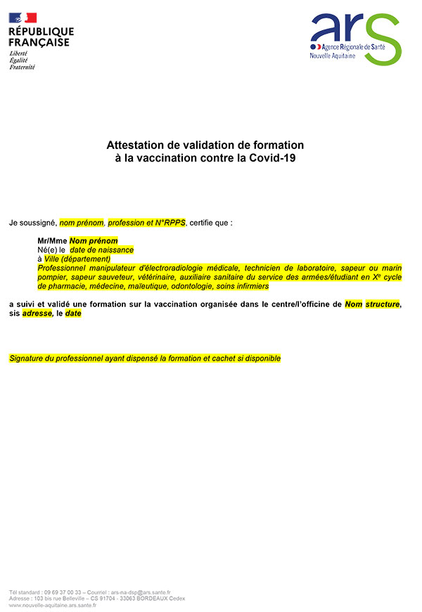 Modèle attestation vaccination word