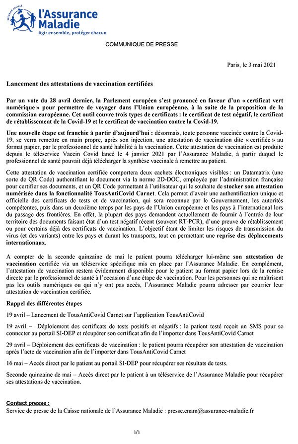 Communiqué de Presse sur les attestations de vaccination certifiées