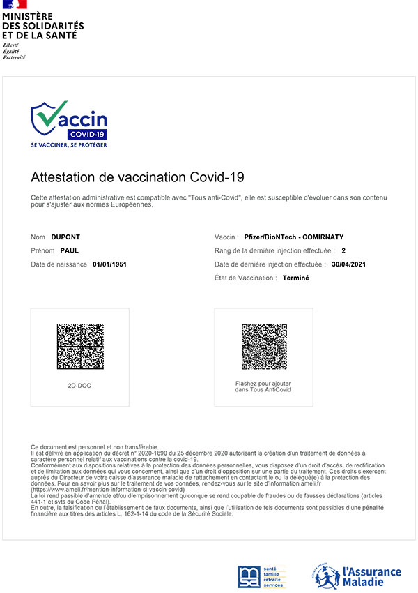 Exemple d'attestation de vaccination certifiée