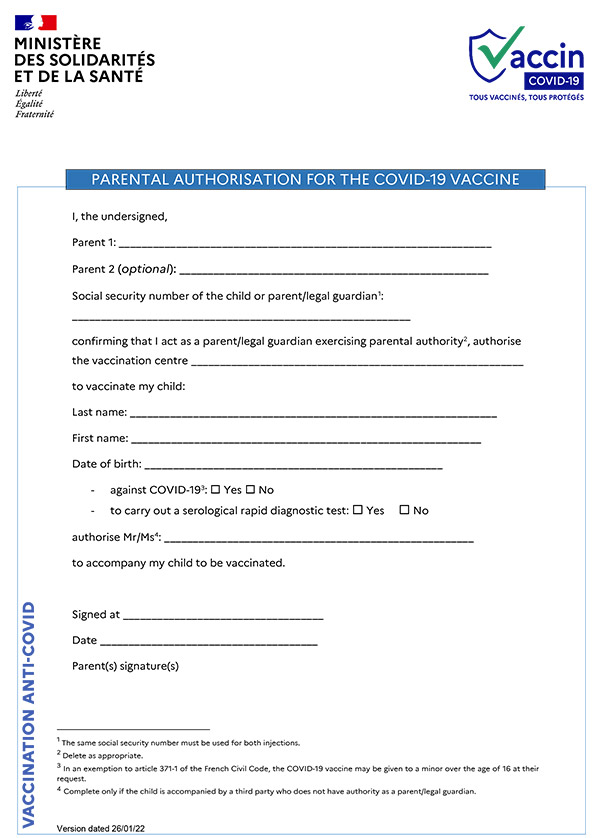 Fiches d'autorisation parentale de vaccination covid-19 en anglais