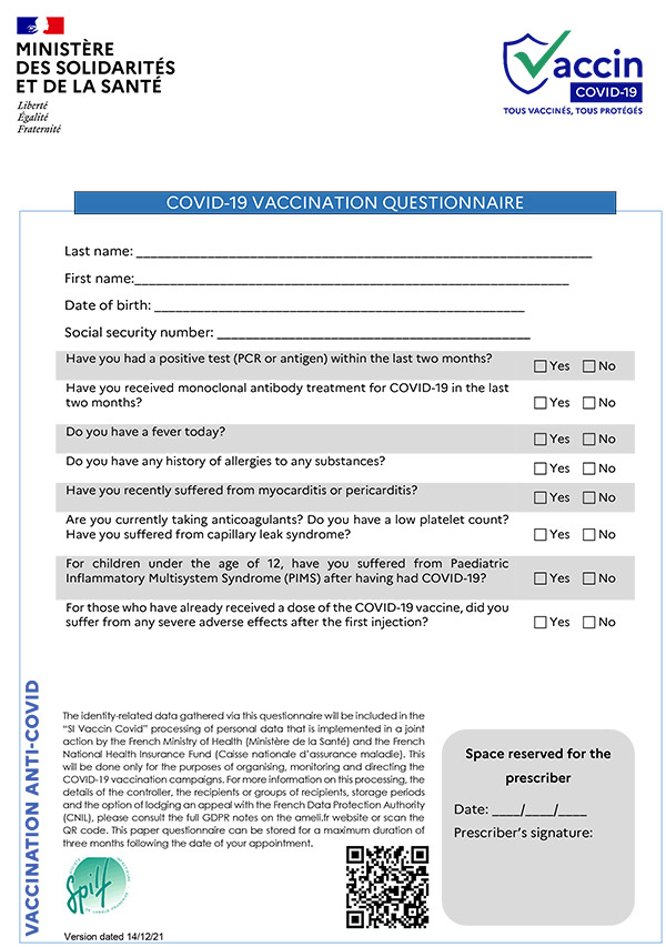 Fiches de questionnaire vaccination covid-19 en anglais