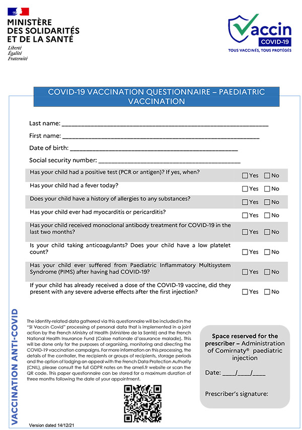 Fiches de questionnaire vaccination pédiatrique en anglais